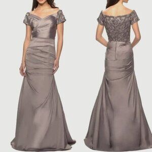 LA FEMME Silver Satin Jewel Embellished Gown Off-shoulders Train 12 MSRP $500
